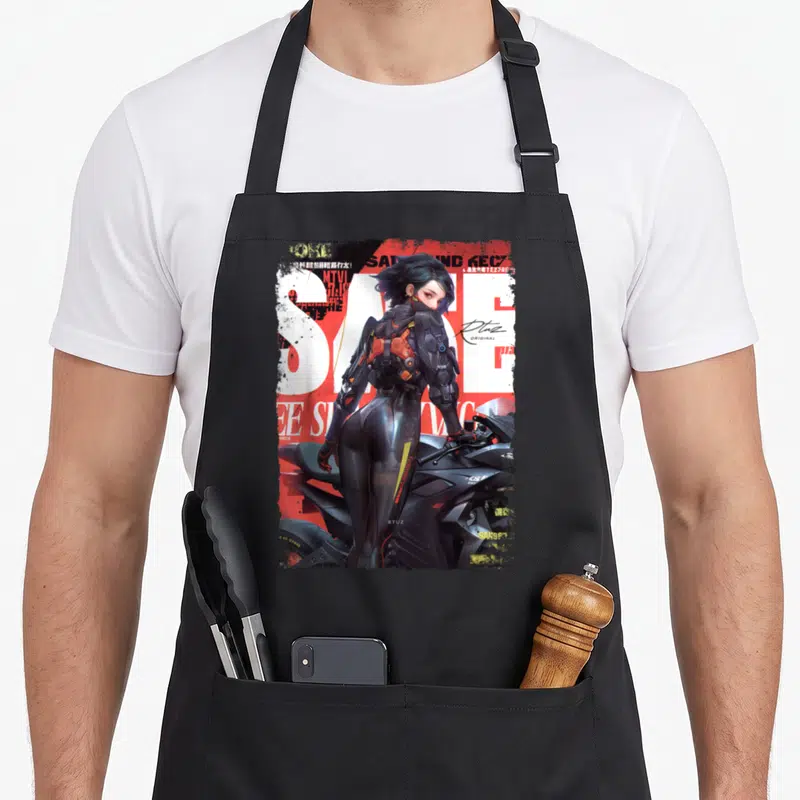 Pin motorcycle aprons - Woman in armor leaning on motorcycle with large SAFE text and orange accents on red background — shown on a black cotton canvas apron against a white background