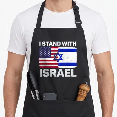 Israel american flag apron - Merged US and Israel flags with distressed I STAND WITH ISRAEL text — shown on a black cotton canvas apron against a white background