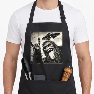 Rocker bigfoot apron - Distressed Sasquatch making rock hand gesture with UFO saucer above head in black and grey — shown on a black cotton canvas apron against a white background