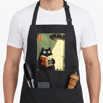 Japanese book cat apron - Retro black cat holding open book with red seal and UFO beam on green background — shown on a black cotton canvas apron against a white background