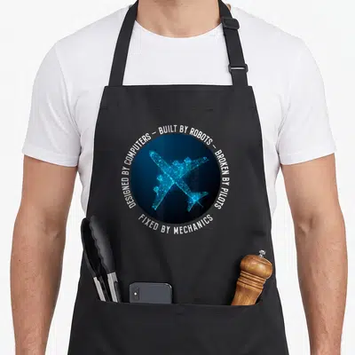Aviation aircraft apron - Blue wireframe airplane inside dark circle with white circular text reading built by robots — shown on a black cotton canvas apron against a white background