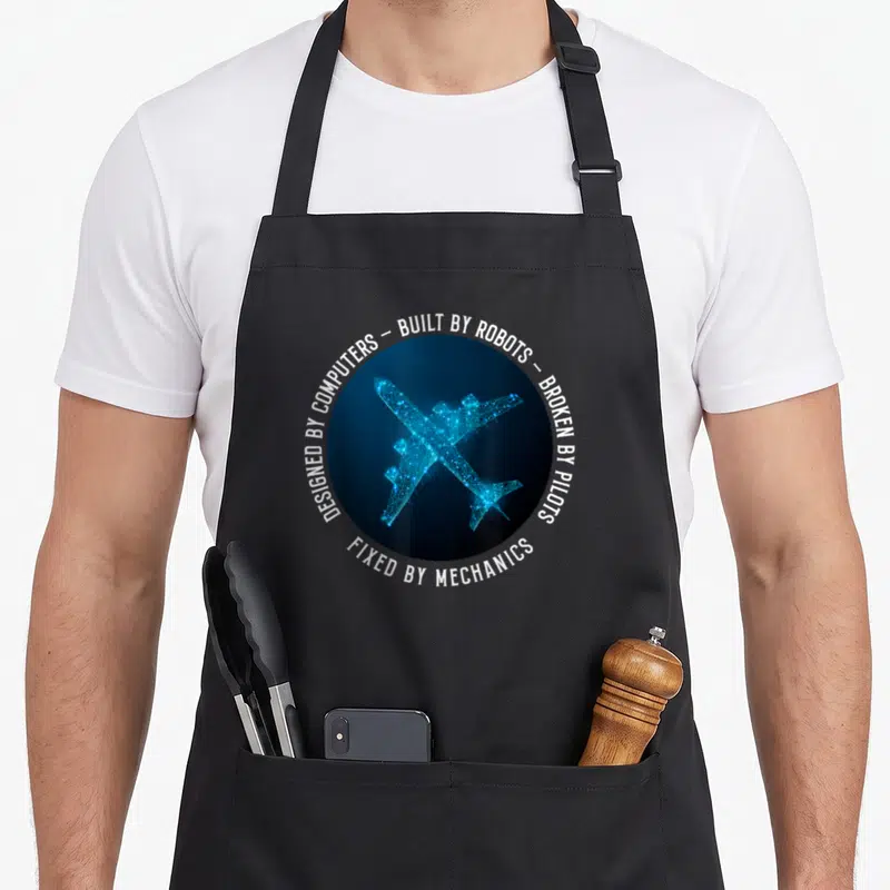 Aviation aircraft apron - Blue wireframe airplane inside dark circle with white circular text reading built by robots — shown on a black cotton canvas apron against a white background