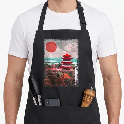 Tree japan apron - Red pagoda and sun with vertical Japanese text and distressed trees — shown on a black cotton canvas apron against a white background
