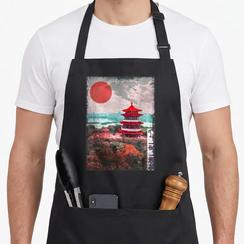 Tree japan apron - Red pagoda and sun with vertical Japanese text and distressed trees — shown on a black cotton canvas apron against a white background