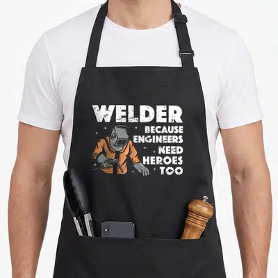Welding mig metal worker apron - Distressed WELDER text and orange-clad welder figure holding torch beside stacked — shown on a black cotton canvas apron against a white background
