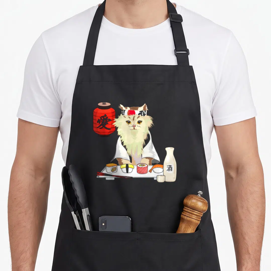 Sushi cherry print apron - Cartoon cat in kimono behind sushi tray with red lantern and Japanese characters — shown on a black cotton canvas apron against a white background