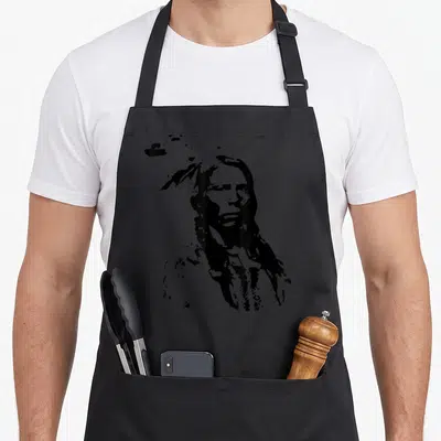 Funny history pride apron - Black line-art silhouette of a Native American man wearing a traditional headdress — shown on a black cotton canvas apron against a white background