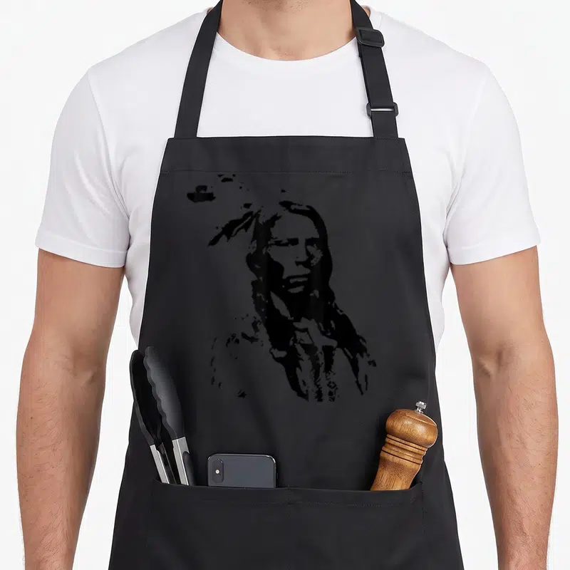 Funny history pride apron - Black line-art silhouette of a Native American man wearing a traditional headdress — shown on a black cotton canvas apron against a white background