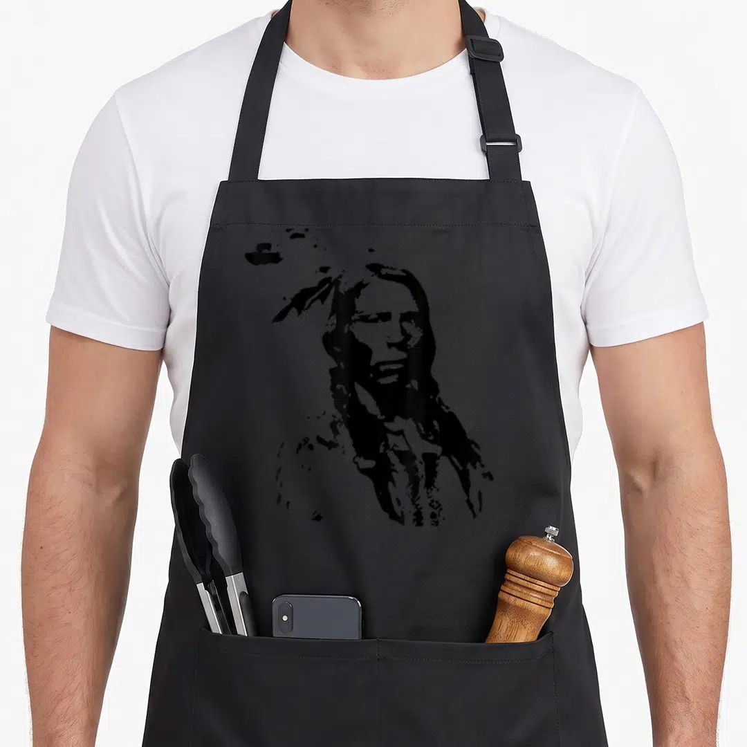 Funny history pride apron - Black line-art silhouette of a Native American man wearing a traditional headdress — shown on a black cotton canvas apron against a white background