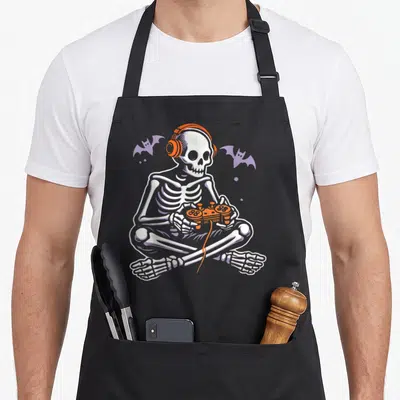 Spooky video game apron - Cartoon skeleton with orange headset and controller flanked by two purple bats — shown on a black cotton canvas apron against a white background