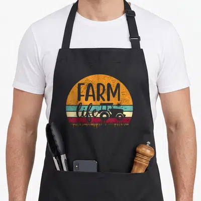 Farming farm apron - Retro tractor and farm life text on orange teal red striped sun background — shown on a black cotton canvas apron against a white background