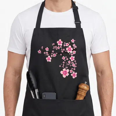 Blooming japan apron - Cartoon pink cherry blossoms on a dark brown curved branch — shown on a black cotton canvas apron against a white background