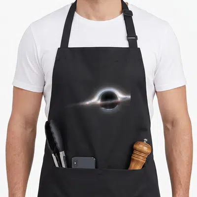 Funny hole astrophysicist apron - Realistic black hole with white blue ring and orange disk on canvas — shown on a black cotton canvas apron against a white background