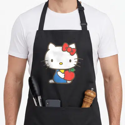 Cute apple apron - Hello Kitty cartoon holding red apple with red bow and blue outfit — shown on a black cotton canvas apron against a white background