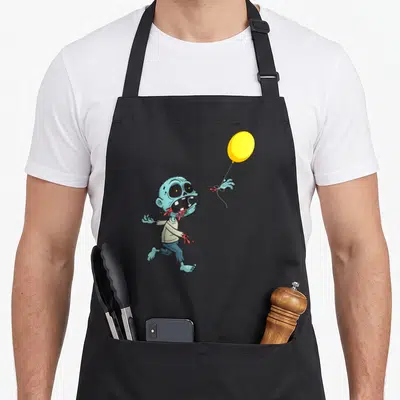 Zombie balloon apron - Cartoon zombie reaching for yellow balloon with severed hand and red blood accents — shown on a black cotton canvas apron against a white background