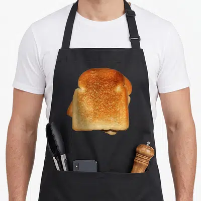 Halloween toast apron - Two stacked slices of golden brown toasted bread facing forward in a realistic photo style — shown on a black cotton canvas apron against a white background