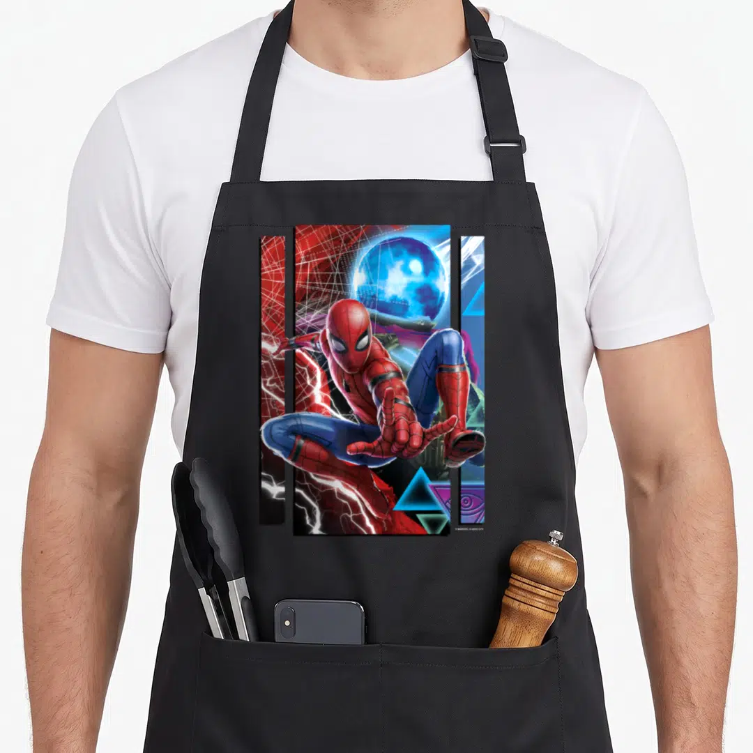 Far rwanda apron - Spider-Man crouching near blue sphere and lightning in red blue white — shown on a black cotton canvas apron against a white background