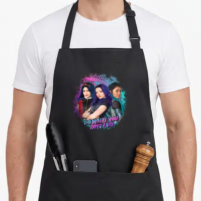 Cute descendant novelty apron - Three women photo print with DO WHAT YOU GOTTA DO text on paint splatter background — shown on a black cotton canvas apron against a white background