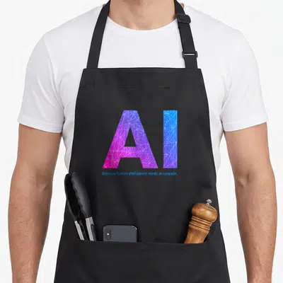 Intelligence ai apron - Purple and blue gradient AI text with white network lines and caption — shown on a black cotton canvas apron against a white background