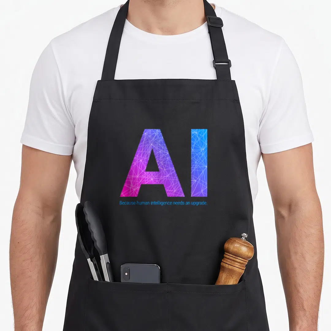 Intelligence ai apron - Purple and blue gradient AI text with white network lines and caption — shown on a black cotton canvas apron against a white background