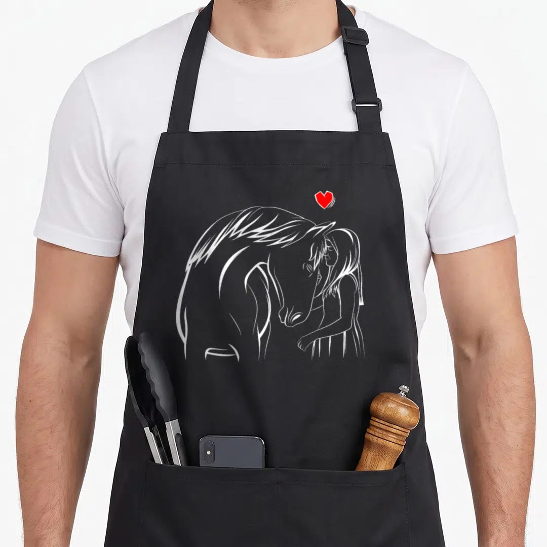 Cute horseback riding horse apron - White line-art of girl and horse facing each other with small red heart floating — shown on a black cotton canvas apron against a white background