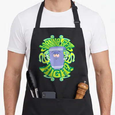 Towelie novelty apron - Purple character with WANNA GET HIGH text and lime green swirls — shown on a black cotton canvas apron against a white background