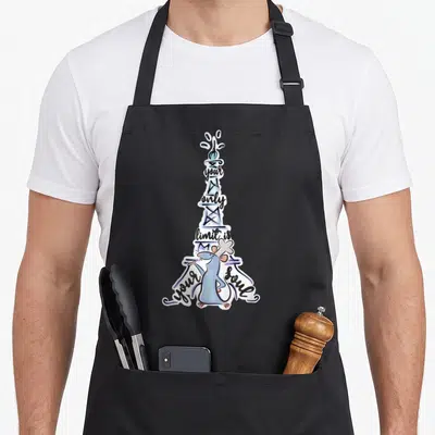 Limit remy ratatouille apron - Blue mouse in beret under Eiffel Tower made of text your only limit is your soul — shown on a black cotton canvas apron against a white background