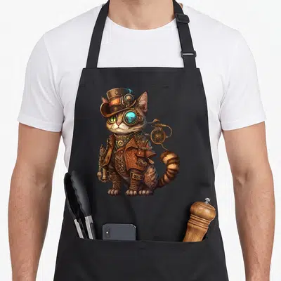 Steam kitty cat apron - Realistic cat in steampunk top hat and goggles rendered in brown, gold, blue, and grey — shown on a black cotton canvas apron against a white background