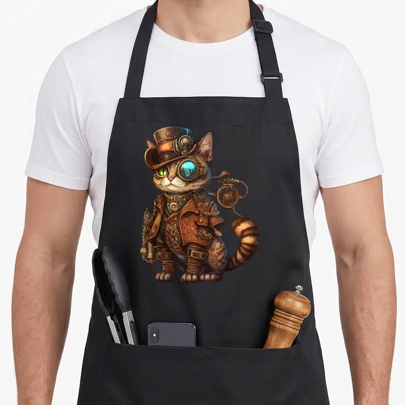Steam kitty cat apron - Realistic cat in steampunk top hat and goggles rendered in brown, gold, blue, and grey — shown on a black cotton canvas apron against a white background