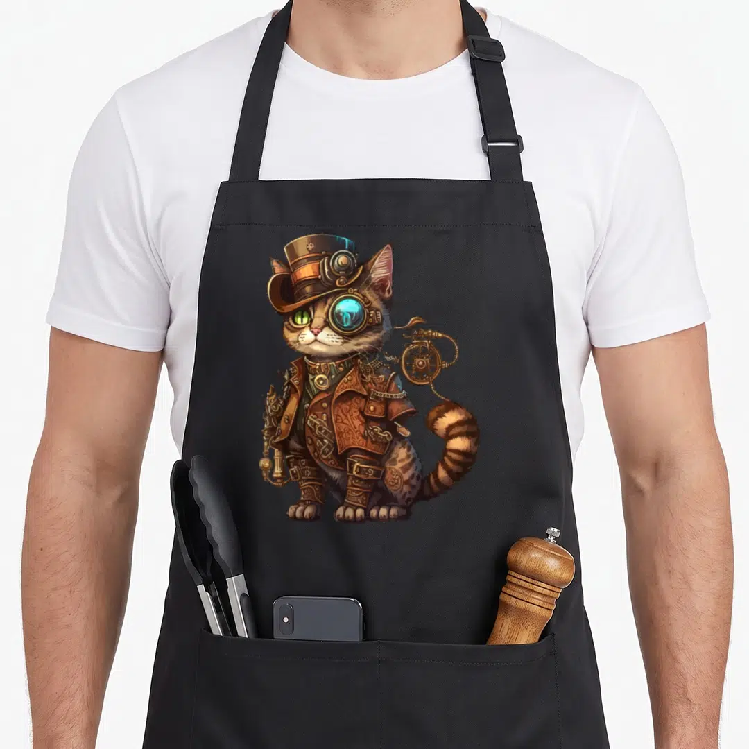 Steam kitty cat apron - Realistic cat in steampunk top hat and goggles rendered in brown, gold, blue, and grey — shown on a black cotton canvas apron against a white background