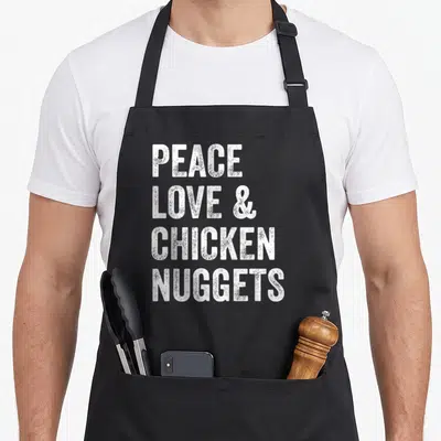 Peace chicken print apron - White stacked text reading PEACE LOVE & CHICKEN NUGGETS on black background — shown on a black cotton canvas apron against a white background