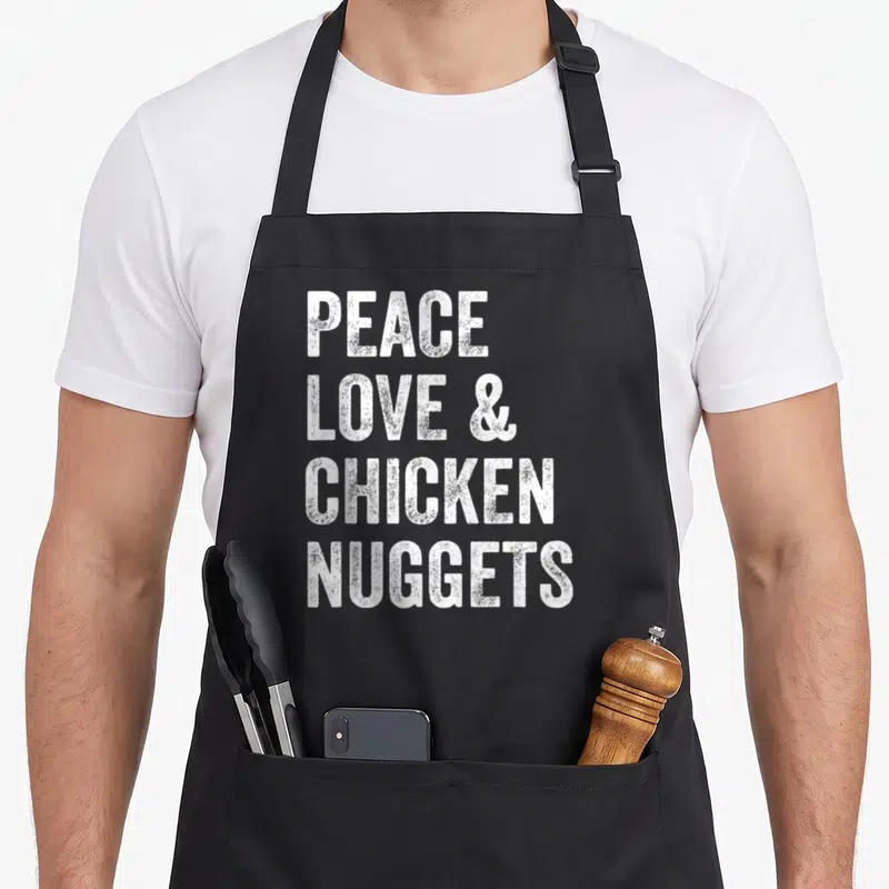 Peace chicken print apron - White stacked text reading PEACE LOVE & CHICKEN NUGGETS on black background — shown on a black cotton canvas apron against a white background