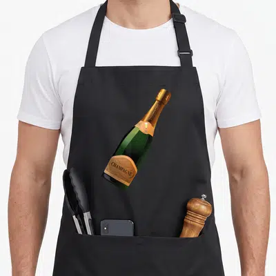 Wine champagne apron - Green champagne bottle with gold 1993 label and small glass on neck — shown on a black cotton canvas apron against a white background
