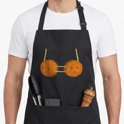 Coconut carnival apron - Two brown cartoon coconut shells connected by yellow twisted rope segments — shown on a black cotton canvas apron against a white background