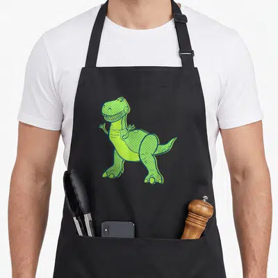 Halftone dog breed aprons - Lime green and blue cartoon T-Rex with blue halftone dots and outline — shown on a black cotton canvas apron against a white background