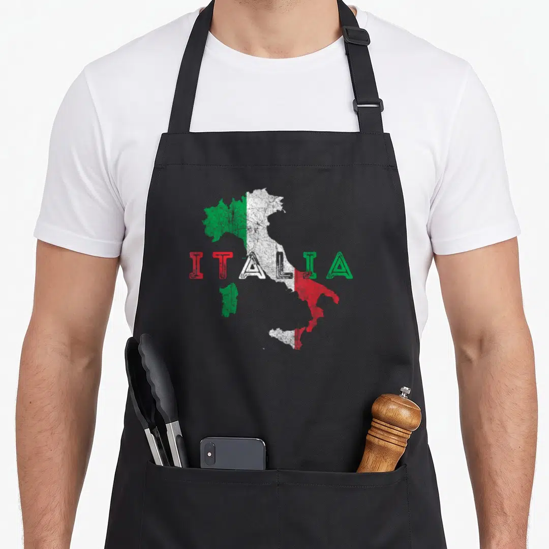 Map italy apron - Distressed Italia map print in green white and red flag colors — shown on a black cotton canvas apron against a white background