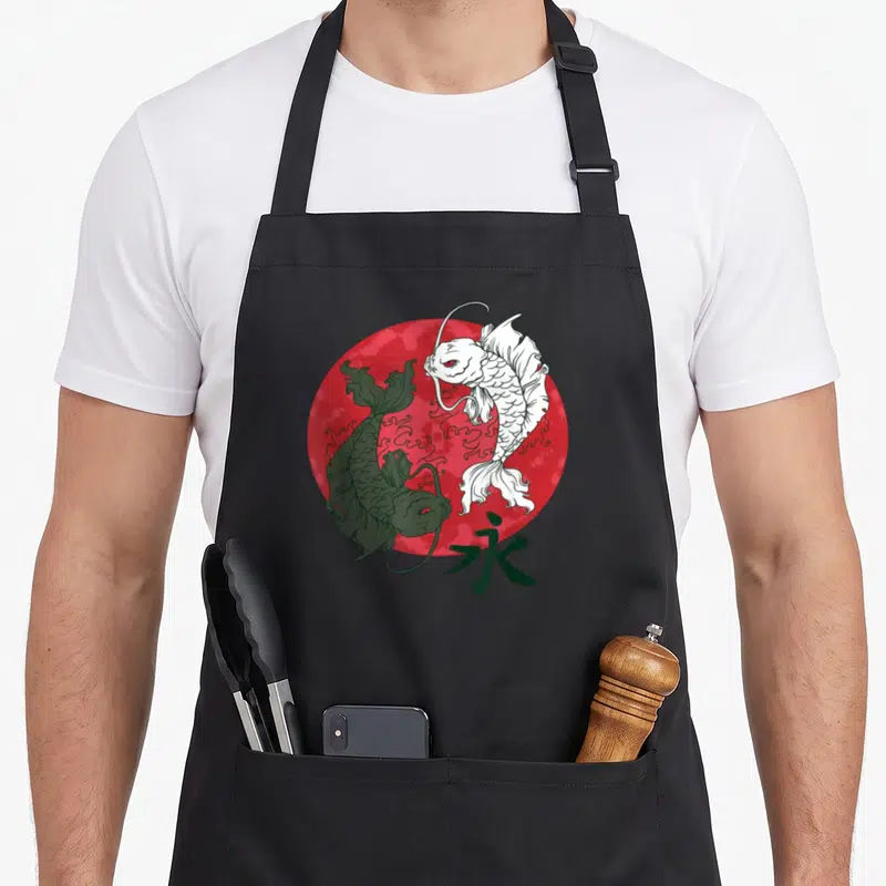 Yang fish apron - Two koi fish circling red sun with kanji character for eternity in line art — shown on a black cotton canvas apron against a white background