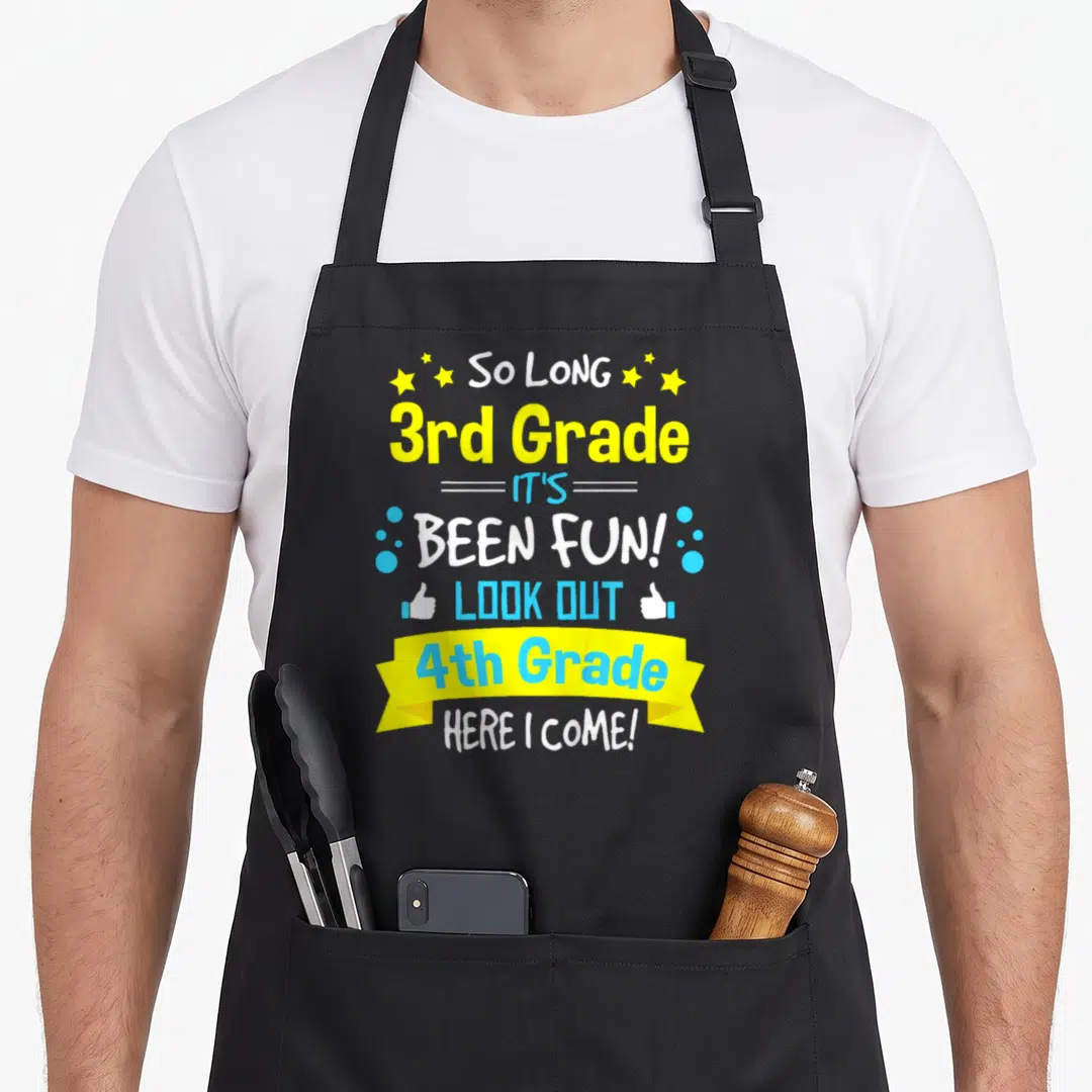 Lange grade back apron - So Long 3rd Grade 4th Grade Here I Come text with stars and thumbs up in yellow blue white — shown on a black cotton canvas apron against a white background