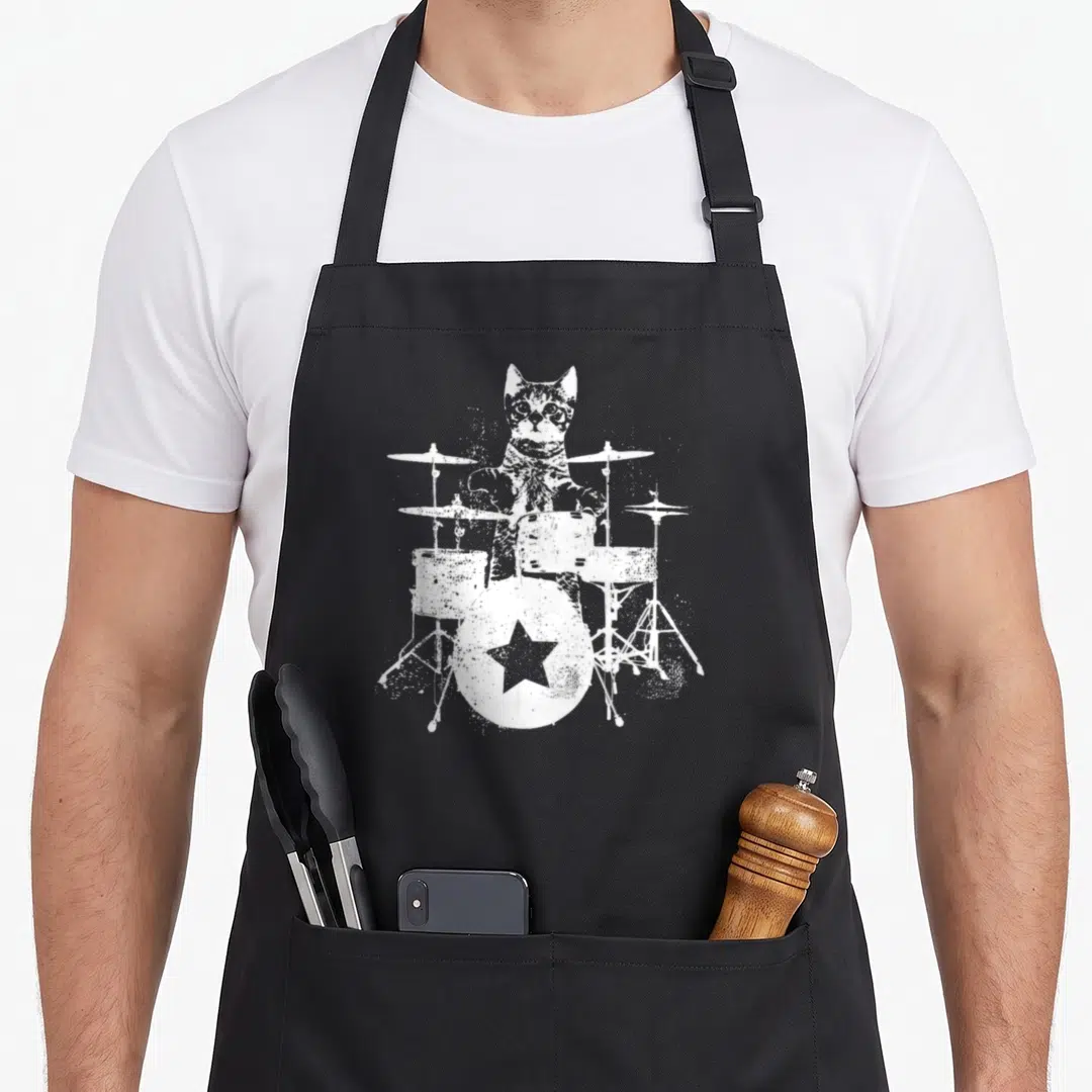 Punk cute cat apron - White distressed cat sitting behind drum kit with star on bass drum — shown on a black cotton canvas apron against a white background