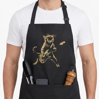 Guitar cat apron - Gold line-art cat standing and playing an electric guitar — shown on a black cotton canvas apron against a white background