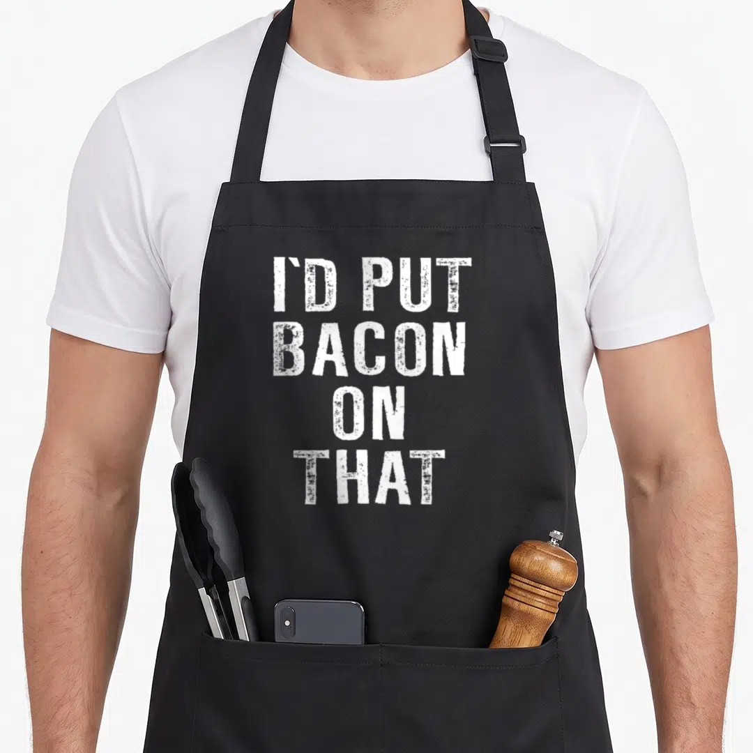 Funny bacon apron - White stacked text reading I'D PUT BACON ON THAT in block letters — shown on a black cotton canvas apron against a white background