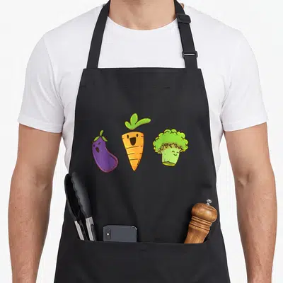 Aubergine vegetable apron - Three cartoon vegetables: purple eggplant, orange carrot, green broccoli arranged in a row — shown on a black cotton canvas apron against a white background