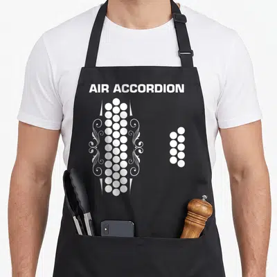 Music mexican apron - White accordion buttons and AIR ACCORDION text with decorative swirls on grey background — shown on a black cotton canvas apron against a white background