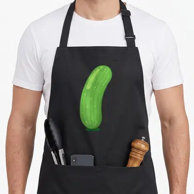Halloween veggie apron - Green cartoon cucumber illustration with vertical stripes and light spots — shown on a black cotton canvas apron against a white background