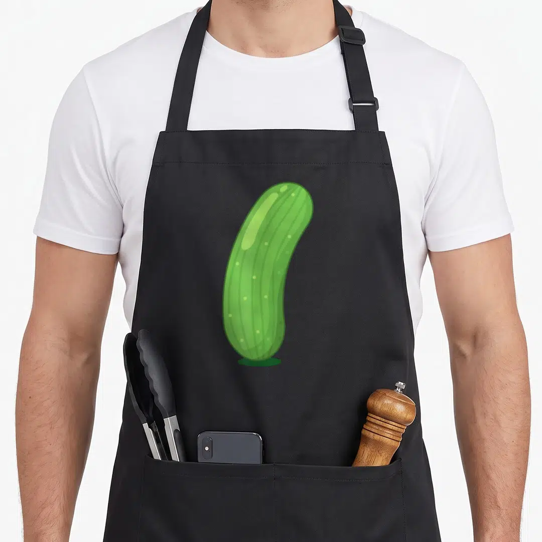 Halloween veggie apron - Green cartoon cucumber illustration with vertical stripes and light spots — shown on a black cotton canvas apron against a white background