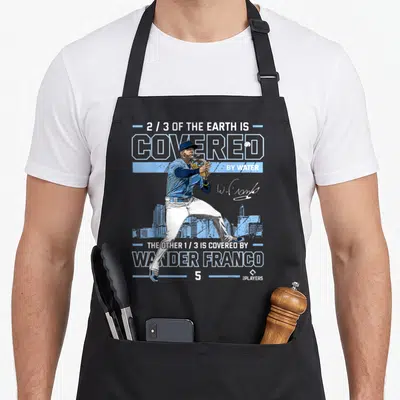 Wander tampa apron - Baseball player fielding pose with 2/3 earth covered by Wander Franco text — shown on a black cotton canvas apron against a white background