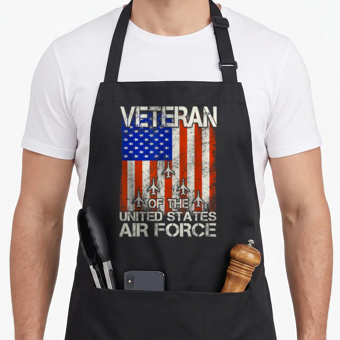 Force usaf us aprons - Distressed US flag with five jets and veteran text in white block letters — shown on a black cotton canvas apron against a white background