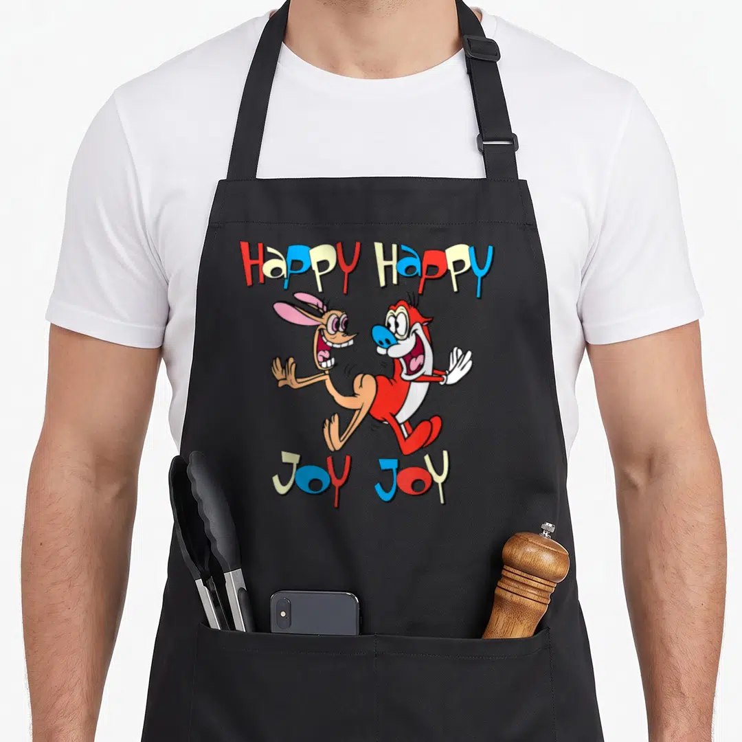 Ren wellness apron - Happy Happy JOY JOY text above and below two standing cartoon characters in red blue yellow tan — shown on a black cotton canvas apron against a white background