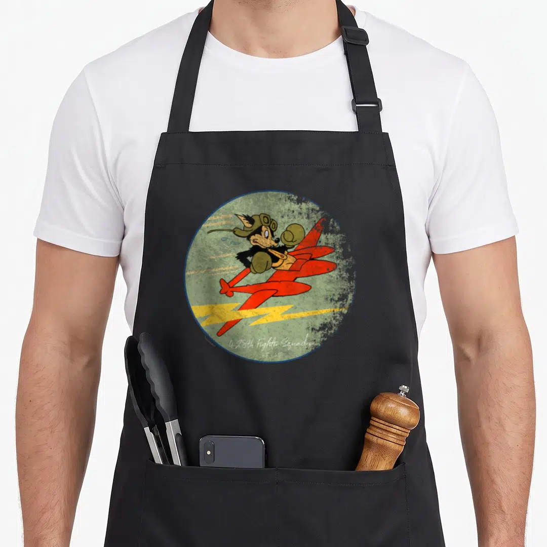 428th bird vintage apron - Cartoon wolf in goggles riding red plane inside green circle with squadron text — shown on a black cotton canvas apron against a white background