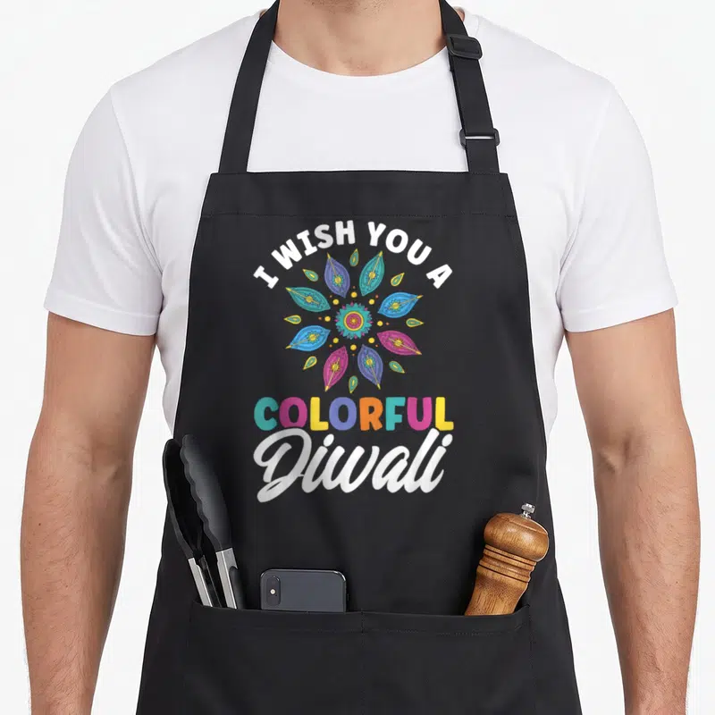 Shubh colorful aprons - I Wish You A Colorful Diwali mandala with blue pink yellow purple lamp shapes — shown on a black cotton canvas apron against a white background